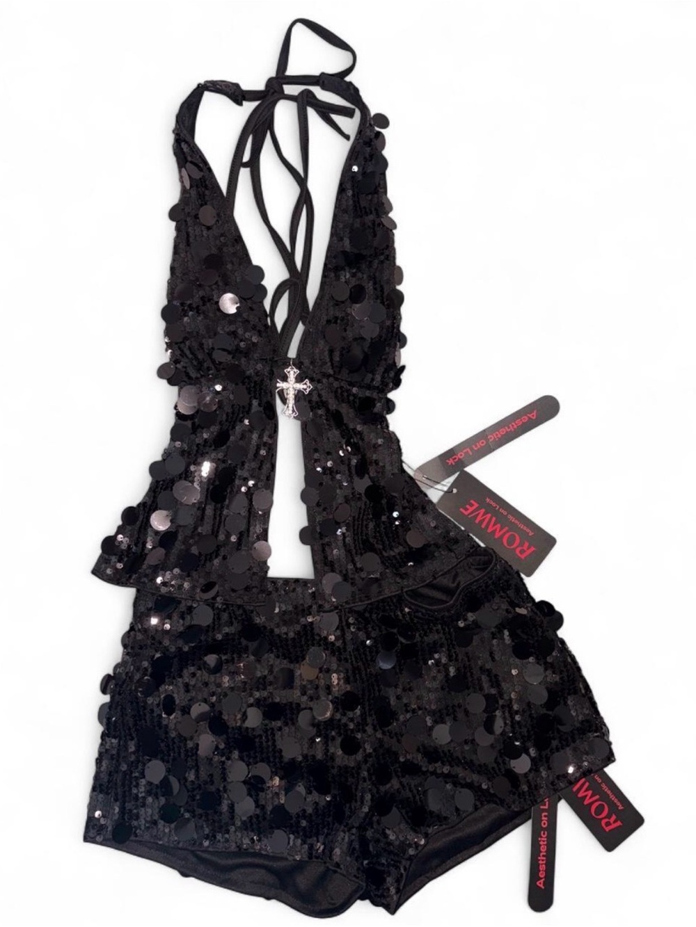 ROMWE Black Sequin Halter Top with Cross Charm with matching shorts